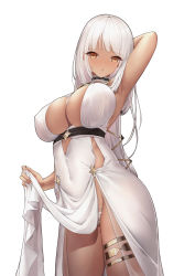 Rule 34 | 1girl, absurdres, alternate costume, alternate hairstyle, arm behind head, armpits, azur lane, bang (gesture), blunt bangs, body markings, breasts, center opening, cleavage, cocktail dress, dark-skinned female, dark skin, dress, evening gown, facial mark, finger gun, forehead mark, from below, gold, hair ornament, halter dress, halterneck, highres, kading boluo, large breasts, lifting own clothes, looking at viewer, massachusetts (azur lane), massachusetts (dressed to impress) (azur lane), nail polish, native american, panties, pulling own clothes, simple background, sleeveless, sleeveless dress, standing, tan, thighlet, underwear, white dress, white hair, white nails, white panties, yellow eyes