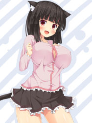 Rule 34 | 1girl, :d, animal ears, asa no ha (awayuki), black hair, blue background, cat ears, cat tail, contrapposto, fang, frilled skirt, frills, hand on own chest, looking at viewer, no bra, open mouth, original, outline, red eyes, shadow, short hair, skirt, smile, solo, standing, striped, striped background, tail, white background
