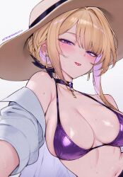 1girl :p absurdres alternate_costume armpit_crease bare_shoulders bikini blonde_hair blush breasts brown_hat cleavage colored_inner_hair commentary earrings english_commentary evelyn_chevalier hat highres jewelry large_breasts looking_at_viewer mole mole_under_eye multicolored_hair navel off_shoulder open_clothes open_shirt paid_reward_available patreon_username purple_bikini purple_eyes purple_hair qiandaiyiyu shirt short_hair sidelocks simple_background solo stomach swimsuit tongue tongue_out upper_body wet white_shirt zenless_zone_zero