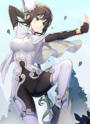 Rule 34 | 1girl, arm up, blue sky, blush, bodysuit, breasts, brown bodysuit, brown gloves, brown hair, bun cover, cape, chinese clothes, closed mouth, commentary request, covered navel, day, double bun, elbow gloves, fate/grand order, fate (series), fingerless gloves, gloves, green eyes, green ribbon, hair bun, head tilt, highres, leaf, long hair, looking away, medium breasts, outdoors, outstretched arm, qin liangyu (fate), ribbon, ririko (zhuoyandesailaer), side bun, sidelocks, sky, smile, solo, standing, standing on one leg, white cape