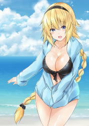 Rule 34 | bare legs, bikini, bikini top only, black bikini, blonde hair, blue eyes, blue sky, blush, braid, breasts, cloud, commentary request, day, fate/grand order, fate (series), hairband, highres, hood, hooded jacket, jacket, jeanne d&#039;arc (fate), jeanne d&#039;arc (ruler) (fate), jeanne d&#039;arc (swimsuit archer) (fate), jeanne d&#039;arc (swimsuit archer) (first ascension) (fate), large breasts, long hair, looking at viewer, open mouth, saku (kudrove), single braid, sky, smile, solo, swimsuit
