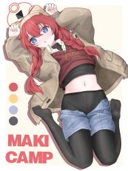 Rule 34 | 1girl, absurdres, animal ear headwear, arms up, beanie, black pantyhose, blue archive, blue eyes, blue shorts, braid, brown jacket, brown shirt, brown vest, clothes pull, fake animal ears, full body, halo, hat, highres, jacket, legs folded, maki (blue archive), maki (camp) (blue archive), navel, official alternate costume, official alternate hairstyle, open clothes, open jacket, open shorts, pantyhose, paw pose, red hair, red halo, red sweater vest, shirt, shorts, shorts pull, sweater vest, twin braids, vest, zhthktk