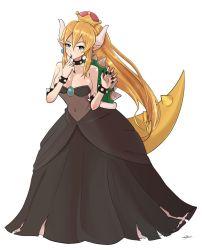 Rule 34 | 1girl, aqua eyes, armlet, artist request, bad link, bare arms, bare shoulders, black collar, black dress, black nails, blonde hair, blue gemstone, blush, bowsette, bracelet, breasts, brooch, cleavage, collar, covered navel, crown, dress, earrings, finger to mouth, fingernails, full body, gem, high ponytail, highres, horns, jewelry, large breasts, light blush, lizard tail, long dress, long fingernails, long hair, looking at viewer, mario (series), nail polish, new super mario bros. u deluxe, nintendo, parted bangs, pointy ears, princess, sharp fingernails, simple background, slit pupils, solo, spiked armlet, spiked bracelet, spiked collar, spiked shell, spiked tail, spikes, strapless, strapless dress, super crown, tail, tail raised, thick eyebrows, turtle shell, uneven eyes, very long hair, white background
