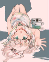 Rule 34 | 1girl, :o, anchor hair ornament, anchor necklace, collarbone, dress, green eyes, hair between eyes, hair ornament, hair ribbon, headgear, unworn headwear, itomugi-kun, kantai collection, long hair, looking at viewer, looking up, lying, maestrale (kancolle), necklace, one side up, open mouth, pink background, ribbon, sailor collar, sailor dress, silver hair, sleeveless, sleeveless dress, smile, solo, white dress, white ribbon