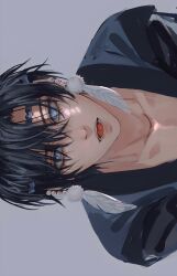 Rule 34 | 1boy, akatsuki no yona, black hair, blue eyes, commentary request, earrings, feather earrings, feathers, grey background, hair between eyes, hak (akatsuki no yona), headband, highres, jewelry, korean commentary, looking at viewer, male focus, open mouth, short hair, simple background, solo, soowon 01