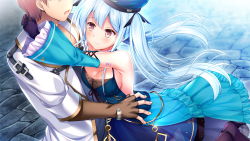 Rule 34 | 1boy, 1girl, arms around neck, backless dress, backless outfit, black gloves, black ribbon, blue dress, blue headwear, blue sleeves, blush, breast press, breasts, brown eyes, brown gloves, brown hair, chester silver, cleavage, closed mouth, coat, colette (yuukyuu no campanella), couple, detached sleeves, dress, elbow gloves, fingerless gloves, floating hair, game cg, gloves, hair between eyes, hair ribbon, hetero, highres, ko~cha, large breasts, long hair, long sleeves, open mouth, red ribbon, ribbon, short hair, sideboob, silver hair, sleeveless, sleeveless dress, smile, twintails, very long hair, white coat, yuukyuu no campanella
