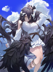 Rule 34 | 1girl, absurdres, albedo (overlord), bare shoulders, belt, black feathers, black hair, black nails, black wings, breasts, cleavage, closed mouth, contemporary, day, demon girl, demon horns, demon wings, dress, feathers, frills, highres, horn ornament, horn ribbon, horns, large breasts, long bangs, long hair, long sleeves, low wings, nail polish, off-shoulder sweater, off shoulder, overlord (maruyama), ribbon, shirt, solo, strash, sweater, sweater dress, thigh strap, thighs, very long hair, white shirt, white sweater, wings, wrist ribbon, yellow eyes