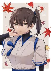 Rule 34 | 1girl, autumn leaves, border, brown eyes, brown hair, commentary request, grey background, highres, kaga (kancolle), kantai collection, long hair, looking at viewer, samonasu17, side ponytail, solo, tasuki, two-tone background, undershirt, upper body, white border