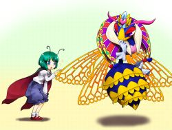 Rule 34 | 2girls, antennae, bee, bent over, blue eyes, blush, bug, cape, crossover, crown, disembodied hand, full body, gloves, gradient background, green hair, insect, insect wings, kirby (series), long sleeves, mary janes, multicolored background, multiple girls, nintendo, open mouth, orusuta, pants, puffy sleeves, purple eyes, queen sectonia, rayman limbs, shirt, shoes, short hair, socks, sparkle, touhou, white gloves, white legwear, wings, wriggle nightbug