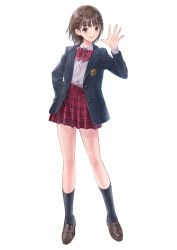 Rule 34 | 1girl, :d, absurdres, black footwear, black socks, blue reflection (series), blue reflection sun, blunt bangs, bow, bowtie, braid, brown eyes, brown hair, checkered clothes, checkered skirt, hand in pocket, highres, hoshiya kanna, jacket, kishida mel, official art, open clothes, open jacket, open mouth, pleated skirt, school uniform, shirt, skirt, smile, socks, solo, standing, white background, white shirt