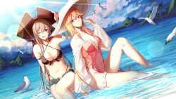 Rule 34 | 2girls, ;d, anchor earrings, arm strap, artist name, azur lane, bikini, bikini under clothes, bird, black bikini, black headwear, blonde hair, blue shorts, blue sky, breasts, brown hair, cleavage, cloud, cloudy sky, commentary, criss-cross halter, day, detached sleeves, dunkerque (afternoon venus) (azur lane), dunkerque (azur lane), dutch angle, earrings, english commentary, feet out of frame, grin, hair flaps, halterneck, hand on headwear, hat, highleg, highleg bikini, highres, jean bart (azur lane), jean bart (private apres midi) (azur lane), jewelry, knee up, lens flare, light rays, llamartist, long hair, looking at another, looking at viewer, looking to the side, medium breasts, micro shorts, multiple girls, navel, ocean, official alternate costume, one-piece swimsuit, one eye closed, open fly, open mouth, outdoors, parted lips, pink one-piece swimsuit, red eyes, richelieu (azur lane), richelieu (fleuron of the waves) (azur lane), second-party source, short shorts, shorts, sideless outfit, sitting, sky, smile, stomach, sun hat, sunlight, swimsuit, thigh strap, thighs, twitter username, very long hair, white headwear