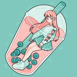Rule 34 | 1girl, aqua background, aqua skirt, bare legs, blue sweater, blunt bangs, bubble tea, closed mouth, commentary, cup, disposable cup, drinking straw, emily kim, english commentary, floral print, flower, full body, high-waist skirt, in container, in cup, instagram username, knees, leaf, light frown, long hair, long sleeves, looking at viewer, miniskirt, original, partially submerged, pink eyes, pink flower, pink hair, pink rose, pleated skirt, puffy long sleeves, puffy sleeves, rose, shoes, simple background, skirt, sneakers, solo, sparkle, straight hair, sweater, very long hair, white footwear