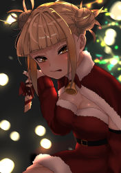Rule 34 | 10s, 1girl, alternate costume, bell, blonde hair, blunt bangs, blush, boku no hero academia, breasts, candy, candy cane, capelet, christmas, cleavage, detached sleeves, double bun, dutch angle, food, fur-trimmed capelet, fur trim, hair bun, highres, holding, holding candy, holding candy cane, holding food, looking at viewer, medium breasts, neck bell, sitting, solo, toga himiko, tongue, tongue out, yellow eyes, zd (pixiv6210083)