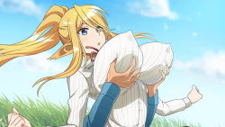 Rule 34 | 1boy, 1girl, absurdly long hair, animal ears, artist request, blonde hair, blue eyes, grabbing another&#039;s breast, breasts, centaur, centorea shianus, covered erect nipples, game cg, grabbing, grass, hetero, high ponytail, horse ears, huge breasts, impossible clothes, long hair, monster musume no iru nichijou, monster musume no iru nichijou online, official alternate costume, official art, open mouth, outdoors, pointy ears, shirt, sidelocks, taur, very long hair, white shirt