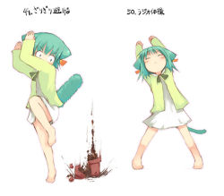 Rule 34 | 1girl, animal ears, barefoot, cat ears, cat girl - numbered actions (kito), cat tail, closed eyes, feet, flower pot, green hair, kito (sorahate), multiple views, original, short hair, surprised, tail, translated