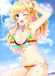 Rule 34 | 1girl, bare shoulders, bikini, blonde hair, blue eyes, blush, breasts, cleavage, cloud, commentary request, day, earrings, easyfunkycrazy, halterneck, idolmaster, idolmaster cinderella girls, jewelry, large breasts, long hair, looking at viewer, multicolored hair, nail polish, navel, necklace, ohtsuki yui, one eye closed, open mouth, outdoors, pink hair, pink nails, ponytail, smile, solo, string bikini, swimsuit, thighs, water, wavy hair