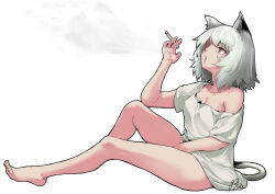 Rule 34 | 1girl, animal ear piercing, animal ears, between legs, blowing smoke, breasts, brown eyes, cat ears, cat girl, cat tail, cigarette, collarbone, full body, grey hair, hand between legs, holding, holding cigarette, k2isu, legs, looking up, medium breasts, off shoulder, open mouth, original, short hair, signature, simple background, sitting, smoking, solo, tail, toes, white background