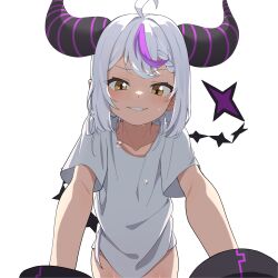 Rule 34 | 1girl, absurdres, ahoge, braid, breasts, highres, hololive, horns, la+ darknesss, long hair, looking at viewer, ludo0109, multicolored hair, naked shirt, pointy ears, purple hair, shirt, sidelocks, single braid, small breasts, smile, solo, streaked hair, tail, virtual youtuber, white background, white hair, white shirt, yellow eyes