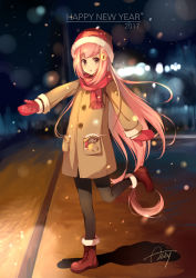 Rule 34 | 1girl, 2017, :o, ankle boots, artist name, beanie, blurry, blurry background, blush, boots, brown eyes, coat, full body, fur-trimmed boots, fur trim, hair ornament, hairclip, happy new year, hat, light, long hair, long sleeves, mittens, new year, night, night sky, noodle-y, open mouth, original, outdoors, pantyhose, pink hair, pocket, red footwear, red scarf, road, scarf, shadow, signature, sky, solo, standing, standing on one leg, street, very long hair, winter clothes, winter coat