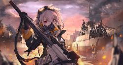 Rule 34 | 1girl, bad id, bad pixiv id, black gloves, black jacket, breasts, chain, cloud, gas mask, gloves, goggles, goggles on head, gun, highres, holding, holding gun, holding weapon, jacket, jname, long sleeves, looking at viewer, mask, original, outdoors, pink eyes, scenery, ship, shirt, short hair, silver hair, sky, small breasts, solo, sunset, upper body, water, watercraft, weapon, white shirt