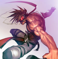 Rule 34 | 1boy, bara, belt buckle, brown hair, buckle, cigarette, covered abs, dynamic pose, feet out of frame, fighting stance, foreshortening, guilty gear, harness, headgear, large pectorals, long hair, male focus, muscular, na insoo, pectorals, pelvic curtain, ponytail, shiny skin, simple background, smoking, sol badguy, solo, spiked hair, thighs, tight clothes, topless male, yellow eyes
