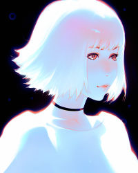 Rule 34 | 1girl, black background, black choker, blush, bob cut, choker, closed mouth, commentary request, copyright request, highres, ilya kuvshinov, nose blush, pink lips, red eyes, shirt, short hair, simple background, smile, solo, upper body, white hair, white shirt
