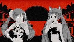 Rule 34 | 2girls, animal ears, animal print, asymmetry, bare arms, closed eyes, cow, cow print, cowlick, crop top, cup, dot nose, drinking, drinking glass, fur collar, glass, hair between eyes, hatsune miku, highres, horns, horse, limited palette, long hair, midriff, multiple girls, navel, own hands together, pinocchio-p, red background, red theme, single animal ear, single horn, solo, strapless, tonchinkan no en (vocaloid), tube top, twintails, upper body, very long hair, vocaloid