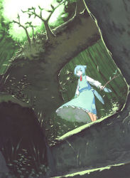 Rule 34 | 1girl, bad id, bad pixiv id, blue hair, chomoran, cirno, dress, female focus, forest, nature, outdoors, plant, ribbon, scenery, short hair, solo, embodiment of scarlet devil, touhou, traditional media, wings