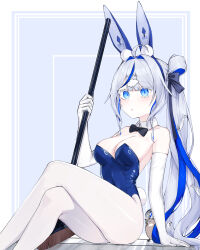 Rule 34 | 1girl, ahoge, aokumo rin, aqua eyes, black bow, black ribbon, blue hair, blue leotard, blush, bow, breasts, broom, cleavage, cloud hair ornament, colored eyelashes, crossed legs, elbow gloves, foot out of frame, gloves, hair between eyes, hair ribbon, highres, leotard, long hair, looking at viewer, medium breasts, merrywain, multicolored hair, on floor, pantyhose, playboy bunny, pom pom (clothes), rabbit ears, ribbon, sacabambaspis, side ponytail, simple background, single hair ring, solo, stellive, strapless, strapless leotard, two-tone hair, virtual youtuber, white hair, white pantyhose
