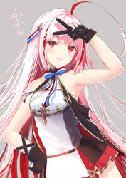 Rule 34 | 1girl, ahoge, akasaka asa, arm up, armpits, azur lane, bare arms, bare shoulders, black gloves, breasts, dress, gloves, hand on own hip, long hair, looking at viewer, multicolored hair, partially fingerless gloves, pink hair, red eyes, sleeveless, sleeveless dress, sleeveless jacket, small breasts, smile, smug, solo, strapless, strapless dress, streaked hair, upper body, v, vauquelin (azur lane), white dress