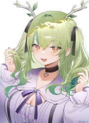 Rule 34 | 1girl, :d, absurdres, antlers, breasts, ceres fauna, ceres fauna (jirai kei), choker, cleavage, green hair, hair between eyes, hair ribbon, highres, hololive, hololive english, horns, leaf, long hair, looking at viewer, medium breasts, mole, mole under eye, nail polish, open mouth, red nails, ribbon, shibuya (kurokamishain), simple background, smile, solo, twitter username, two side up, upper body, virtual youtuber, white background, yellow eyes
