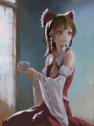 Rule 34 | 1girl, absurdres, ascot, bare shoulders, brown eyes, brown hair, cup, detached sleeves, dress, fine art parody, hair ribbon, hair tubes, hakurei reimu, highres, holding, holding cup, indoors, long hair, looking to the side, midriff peek, nontraditional miko, parody, red dress, red ribbon, ribbon, sitting, smile, solo, touhou, treeware, wariza, yellow ascot