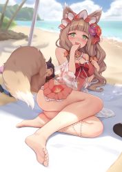 Rule 34 | 1girl, absurdres, alpha (alpha91), animal ear fluff, animal ears, ass, banned artist, beach, blurry, blurry background, blush, breasts, brown hair, cleavage, cloud, cup, day, fang, feet, female focus, fox ears, fox girl, fox tail, full body, green eyes, heart, heart-shaped pupils, highres, kasumi (princess connect!), legs, long hair, looking at viewer, maho (princess connect!), medium breasts, official alternate costume, one-piece swimsuit, open mouth, outdoors, palm tree, parasol, pink one-piece swimsuit, princess connect!, skin fang, sky, solo, spill, stuffed toy, sweat, swimsuit, symbol-shaped pupils, tail, towel, tree, umbrella, water, wavy hair