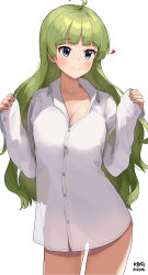 Rule 34 | 1girl, ahoge, blue eyes, blush, breasts, cleavage, cowboy shot, dated, green hair, heart, highres, idolmaster, idolmaster million live!, idolmaster million live! theater days, long hair, long sleeves, myeolchi, no bra, no pants, shimabara elena, shirt, signature, silhouette, simple background, sleeves past wrists, smile, solo, standing, white background, white shirt