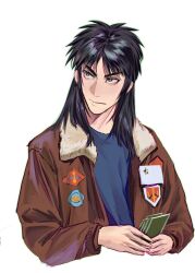 Rule 34 | 1boy, black hair, brown jacket, card, closed mouth, cropped torso, grey eyes, grey shirt, highres, holding, holding card, itou kaiji, jacket, kaiji, long hair, long sleeves, looking afar, looking to the side, male focus, medium bangs, open clothes, open jacket, patch, playing card, sanpaku, shirt, simple background, solo, star (symbol), star pin, upper body, v-shaped eyebrows, white background, zhaiju2