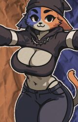 Rule 34 | :3, absurdres, breasts, cleavage cutout, clothing cutout, crop top, fortnite, furry, furry female, highres, large breasts, meow skulls (fortnite), multicolored fur, snoofarts
