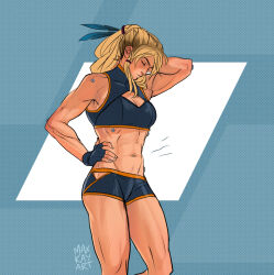 Rule 34 | 1girl, abs, blonde hair, breasts, cleavage, closed eyes, crop top, feather hair, fingerless gloves, gloves, hand on own hip, hand on own neck, highres, max kay, medium breasts, metroid, muscular, muscular female, nintendo, samus aran, short shorts, shorts, signature, solo, tank top