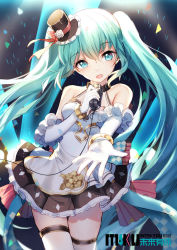 Rule 34 | 1girl, bison cangshu, elbow gloves, gloves, hat, hatsune miku, long hair, microphone, mini hat, mini top hat, open mouth, outstretched arm, skirt, solo, thighhighs, top hat, twintails, very long hair, vocaloid
