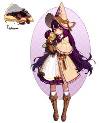 Rule 34 | 1girl, absurdres, blueberry, boots, brown footwear, brown gloves, brown hat, cheesecake, collared dress, dress, food, fruit, gloves, hat, highres, holding, holding stuffed toy, long hair, long sleeves, looking at viewer, original, oval background, personification, purple hair, rinotuna, shadow, socks, solo, stuffed toy, very long hair, witch hat, yellow eyes