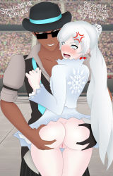 Rule 34 | 1boy, 1girl, angry, angry, ass, ass focus, ass grab, blue eyes, dark-skinned male, dark skin, english text, flynt coal, gloves, hat, highres, no panties, public indecency, rwby, scar, spellcaster knight, spread ass, stadium, text focus, weiss schnee, white hair