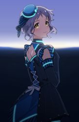 Rule 34 | 1girl, back bow, back cutout, black sleeves, blue dress, blue hat, blue sky, blurry, blurry background, blush, bow, clothing cutout, commentary, default p, detached sleeves, dress, frilled dress, frills, glowing clothes, hands on own chest, hands up, hat, horizon, idolmaster, idolmaster million live!, idolmaster million live! theater days, looking at viewer, looking back, makabe mizuki, purple hair, short hair, sky, smile, solo, tearing up, wavy hair, white bow, yellow eyes