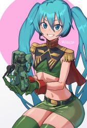 Rule 34 | 1girl, aqua eyes, aqua hair, breasts, cape, epaulettes, fringe trim, gloves, green gloves, green skirt, green thighhighs, grin, gundam, hatsune miku, headset, highres, lc butter, long hair, looking at viewer, miku day, model kit, see-through, see-through skirt, signature, skirt, small breasts, smile, solo, thighhighs, twintails, very long hair, vocaloid, zaku ii, zeon