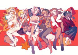 Rule 34 | 6+girls, arm up, black hakama, black vest, blonde hair, bow, breasts, brown pants, brown pantyhose, brown socks, character doll, cigarette, cigarette butt, coat, dante (limbus company), don quixote (project moon), dress, faust (project moon), gostcat, hair bow, hakama, highres, ishmael (project moon), japanese clothes, large breasts, limbus company, long hair, long sleeves, looking at viewer, lying, multiple girls, on back, on side, orange hair, outis (project moon), pants, pantyhose, project moon, red coat, rodion (project moon), ryoshu (project moon), short hair, socks, stuffed whale, very long hair, vest, white bow, white dress, wide sleeves, yellow eyes