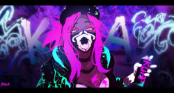 Rule 34 | 1girl, akali, base, breasts, cleavage, glowing, highres, inverted colors, k/da (league of legends), k/da akali, league of legends, leaning forward, mask, monochrome, mouth mask, neon, official alternate costume, panza, ponytail, solo