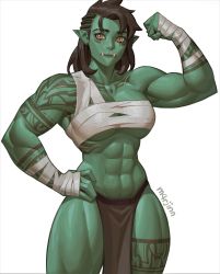 Rule 34 | 1girl, abs, absurdres, bandaged hand, bandages, brown hair, colored skin, eyebrow cut, female orc, flexing, green skin, hand on own hip, highres, loincloth, m4rjinn, muscular, muscular female, orc, original, pelvic curtain, pointy ears, sarashi, simple background, tattoo, thick thighs, thighs, tusks, white background, yellow eyes