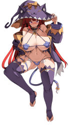 Rule 34 | 1girl, absurdres, bikini, blush, book, breasts, cleavage, coat, collar, hat, highres, huge breasts, last origin, leprechaun (last origin), long hair, looking at viewer, navel, pubic tattoo, purple eyes, red hair, simple background, sitting, solo, string bikini, swimsuit, tail, tattoo, thigh strap, thighhighs, very long hair, white background, wide sleeves, witch hat, yume no hana (sbac0019)