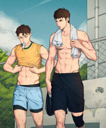 Rule 34 | 2boys, abs, black hair, black shorts, blue shorts, clothes lift, day, food, food in mouth, highres, large pectorals, leviejzn, looking at another, male focus, mitsui hisashi, miyagi ryouta, multiple boys, muscular, muscular male, navel, nipples, outdoors, pectorals, popsicle, popsicle in mouth, shirt, shirt lift, short hair, shorts, sky, slam dunk (series), topless male, towel, towel around neck, yellow shirt