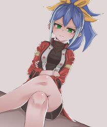 Rule 34 | 1girl, blue hair, bracelet, closed mouth, crossed arms, crossed legs, duel academy uniform (yu-gi-oh! arc-v), fingerless gloves, gloves, green eyes, hair between eyes, hair ribbon, hashimoto (soukidann2010), jacket, jewelry, light blue hair, looking at viewer, multicolored hair, ponytail, purple hair, red jacket, ribbon, serena (yu-gi-oh!), simple background, sitting, solo, streaked hair, two-tone hair, yellow ribbon, yu-gi-oh!, yu-gi-oh! arc-v