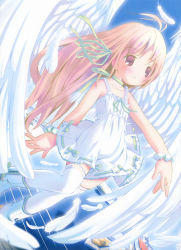 Rule 34 | 1girl, absurdres, angel wings, antenna hair, blonde hair, boots, bracelet, dress, feathers, female focus, highres, jewelry, long hair, neck ribbon, original, parted lips, pop, ribbon, ribbon-trimmed skirt, ribbon trim, skirt, solo, thighhighs, white thighhighs, white wings, wings, zettai ryouiki