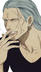 Rule 34 | 1boy, bake ryori, beard stubble, benn beckman, black shirt, cigarette, commentary request, earrings, facial hair, grey eyes, grey hair, hair slicked back, highres, holding, holding cigarette, jewelry, looking up, male focus, medium hair, one piece, scar, scar on face, shirt, smoke, solo, stubble, white background